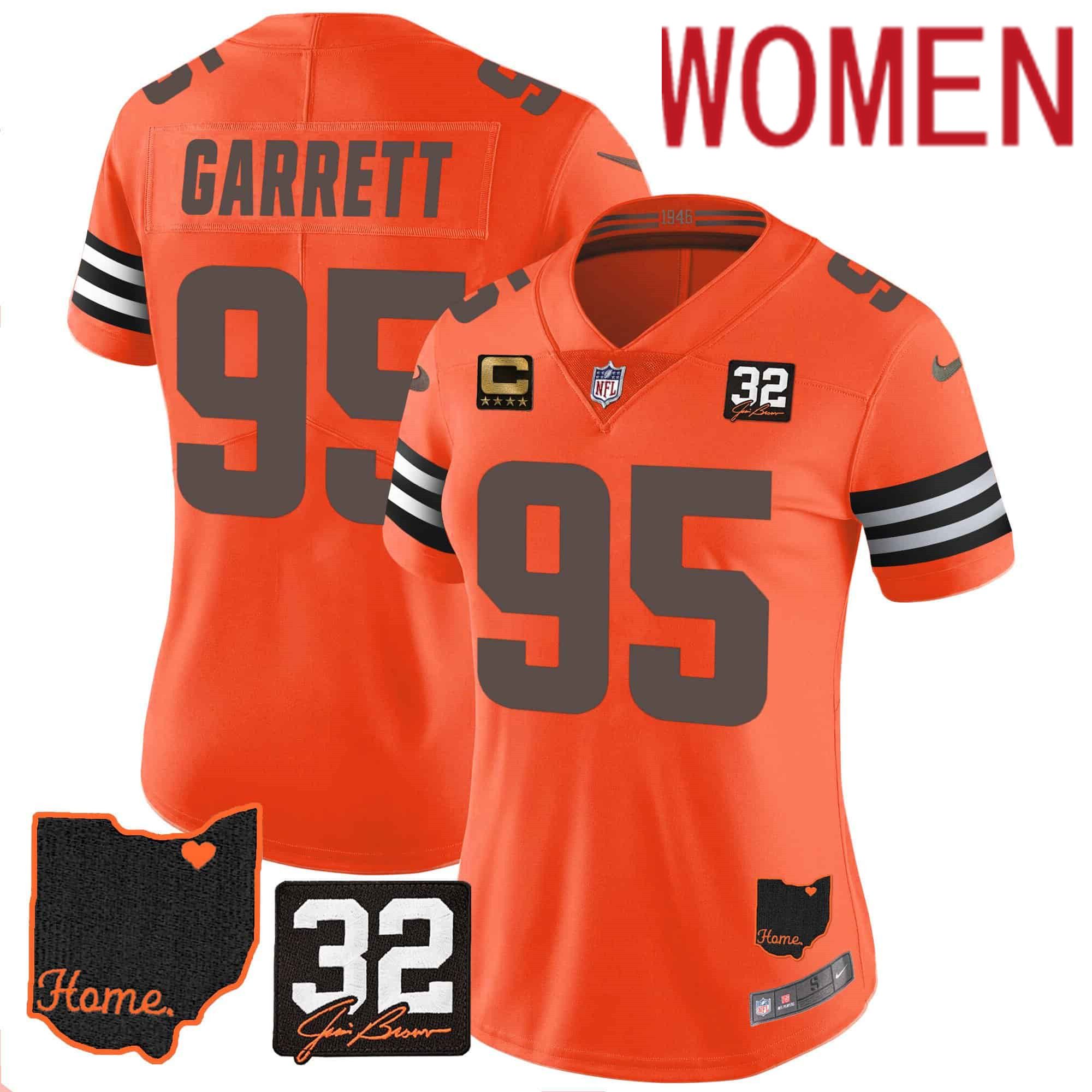 Women Cleveland Browns #95 Garrett Orange Memorial Home Patch 2024 Nike NFL Jersey